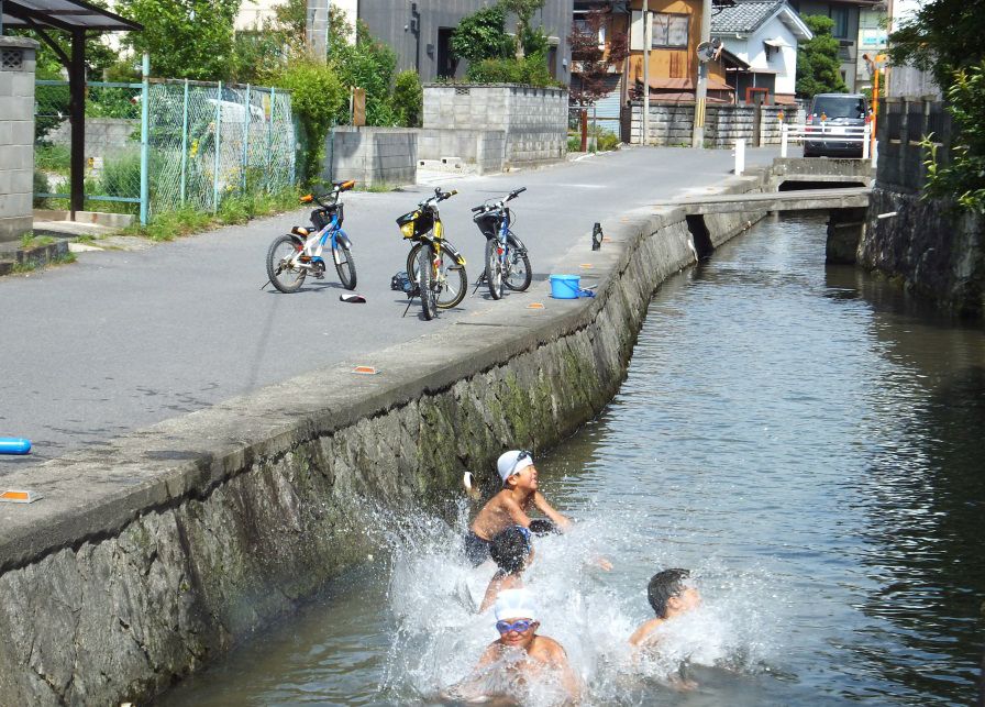 集落内の水路で子どもが水遊びをしている様子です。