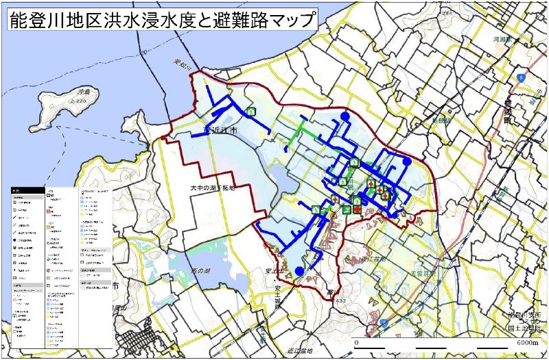 能登川地区洪水浸水度と避難路マップ